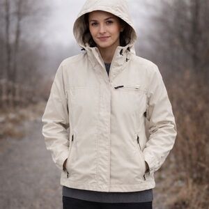 Eddie Bauer Jacket Adult Women's XS Beige Nylon Hooded Full Zip Rain Coat